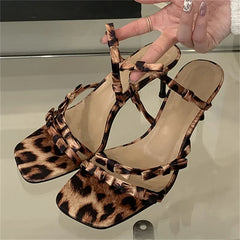 LIZAKOSHT  -  Leopard Narrow Strap Women Slippers 2025 Summer Fashion Party Thin Heel Satin Slide Sandals Sexy Square Toe Bowknot Mule Shoes
