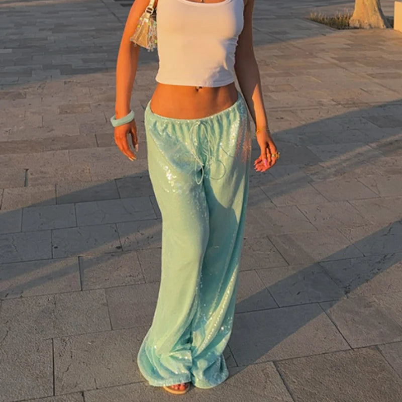 LIZAKOSHT  -  Fashion  Sequin Wide Leg Pants Women Casual Loose Lace Up Low Waist Straight Trousers 2025 Summer Lady Vintage High Street Pants