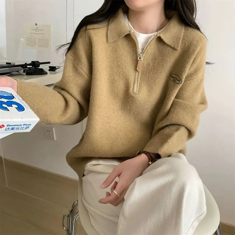 LIZAKOSHT  -  Sweaters Half Zipper POLO Neck Women Girls Vintage Preppy Sweatshirt Jumper Gray Khaki Loose Long Sleeve Pullover Korean Fashion
