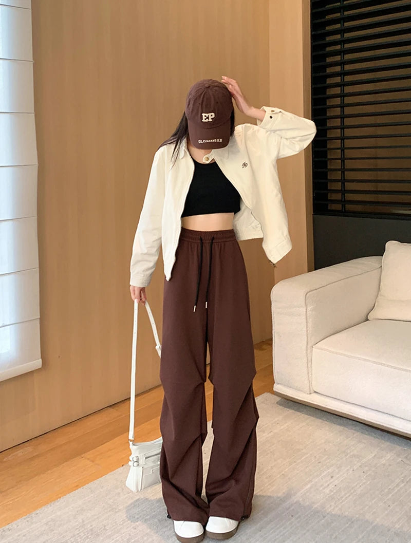 LIZAKOSHT  -  American Sweatpants Women  Fall Chic Fashion Casual Wide-Leg Pants Straight Parachute Loose Side Striped Soild Cargo Trousers