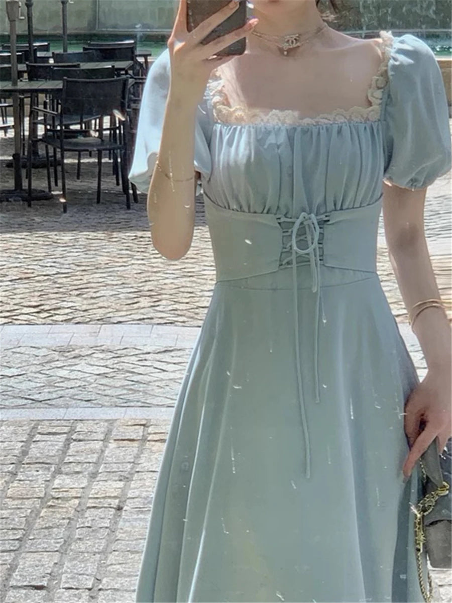LIZAKOSHT  -  Midi Dress Women Elegant Summer New Fashion Evening Party Lady Vestidos Vintage Lace Up Dresses Female Korean Slim Clothes
