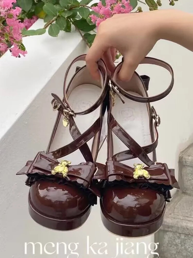 LIZAKOSHT  -  Lolita Original Dream Bear High Heel Princess Shoes Student Women's Singles Shoes Round Toe Cute Sweet Leather Shoes Cos Loli