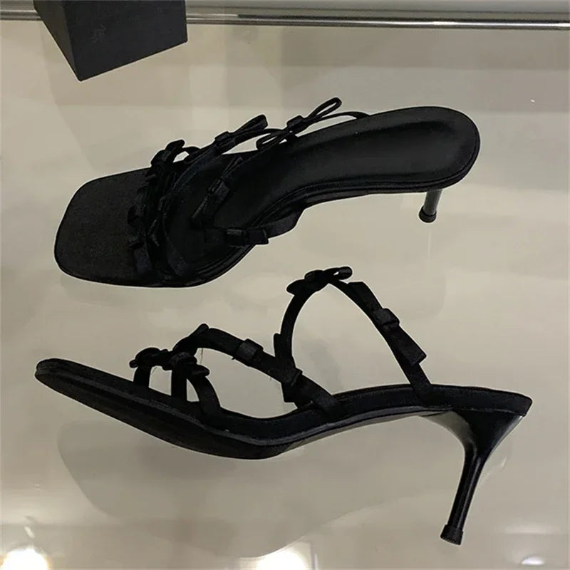 LIZAKOSHT  -  Leopard Narrow Strap Women Slippers 2025 Summer Fashion Party Thin Heel Satin Slide Sandals Sexy Square Toe Bowknot Mule Shoes