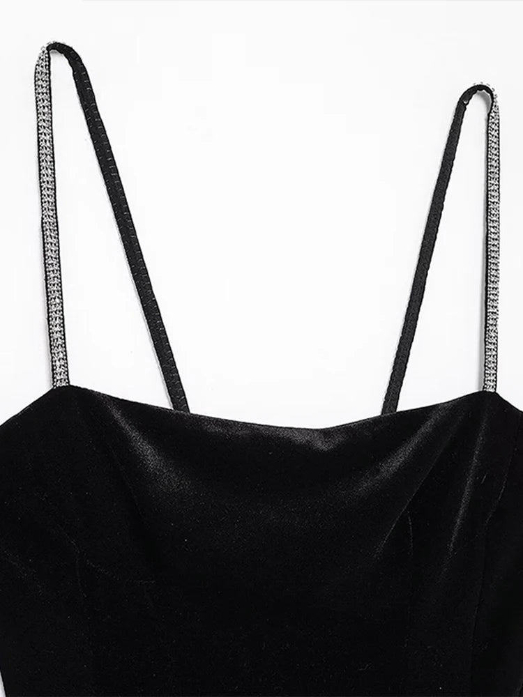 LIZAKOSHT  -  Velvet Halter Dress Black Sexy Slim Fit Elegant Straight Collar Waist Cinched Short Dresses Camisole Evening Gown Women's Wear