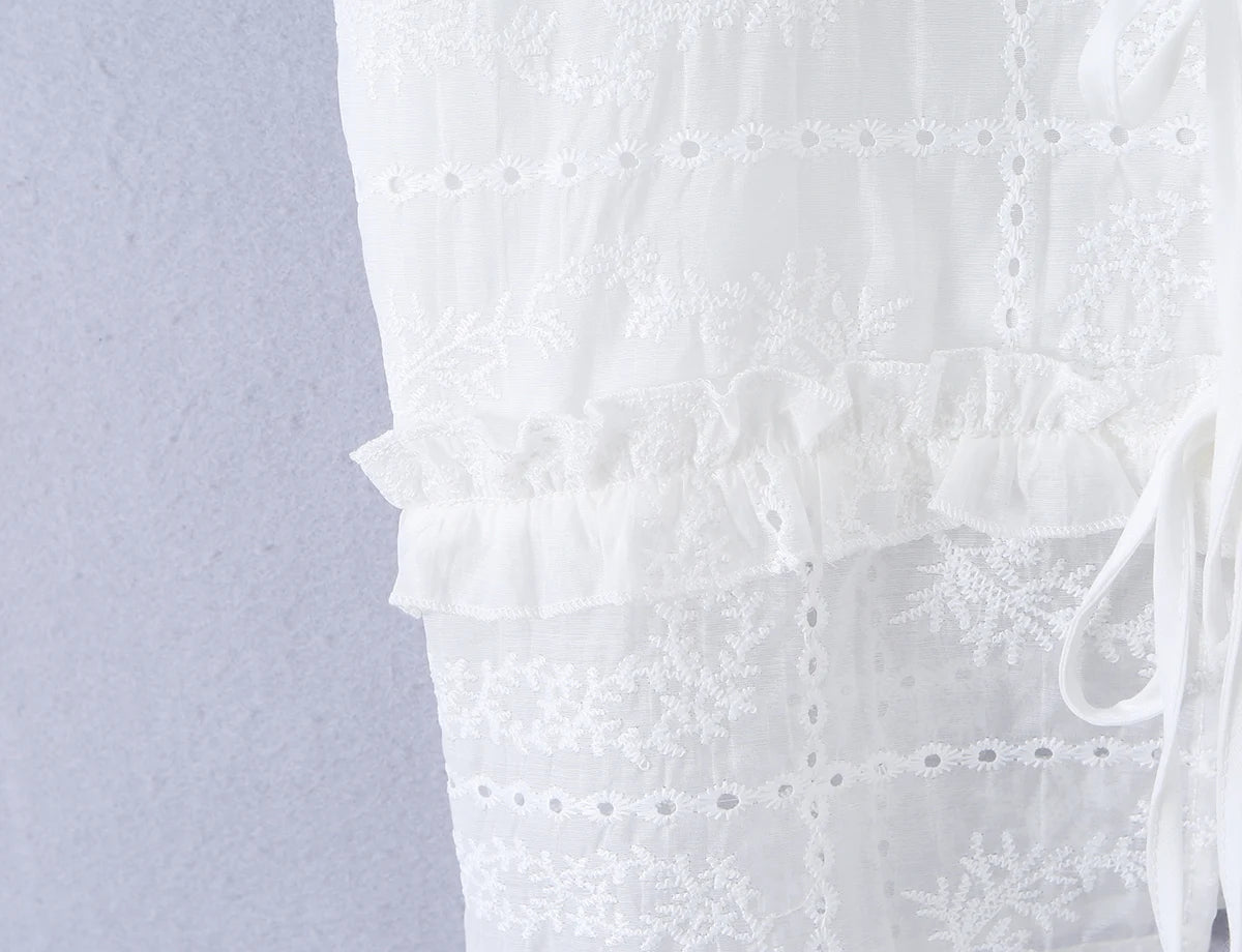 LIZAKOSHT  -  Sweet White Embroidery Hollow out Flower Lace Short Puff Sleeve Shirt Women Peter Pan Collar Lacing Up Tie Bow Front Crop Tops