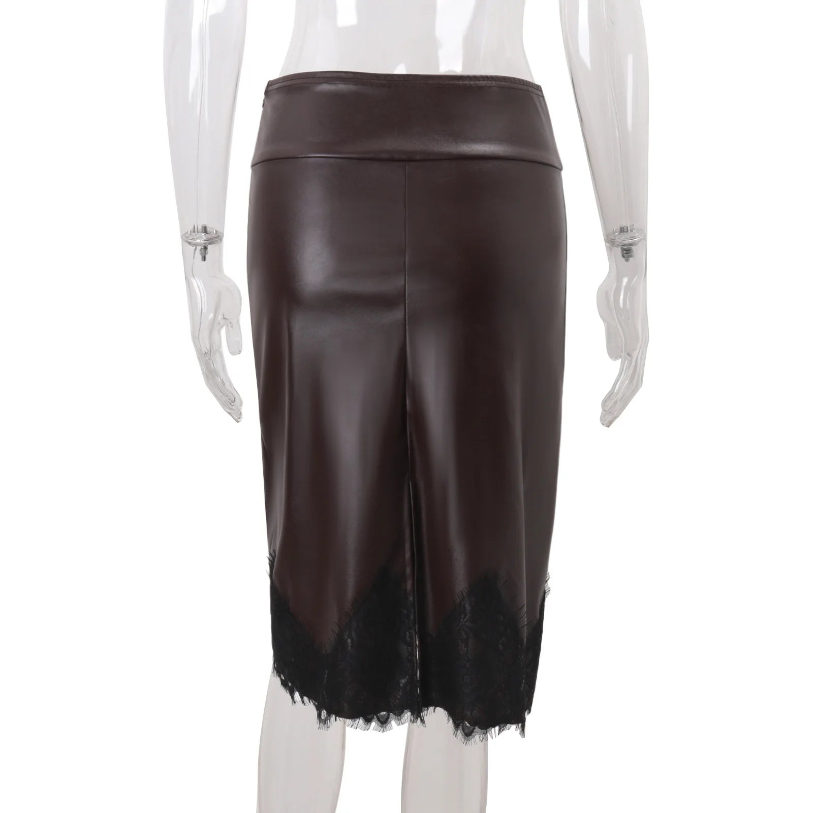 LIZAKOSHT  -  Patchwork PU Leather Lace Women Skirt Brown High Waist Mini Skirt Female Autumn Winter New Elegant Party Streetwear