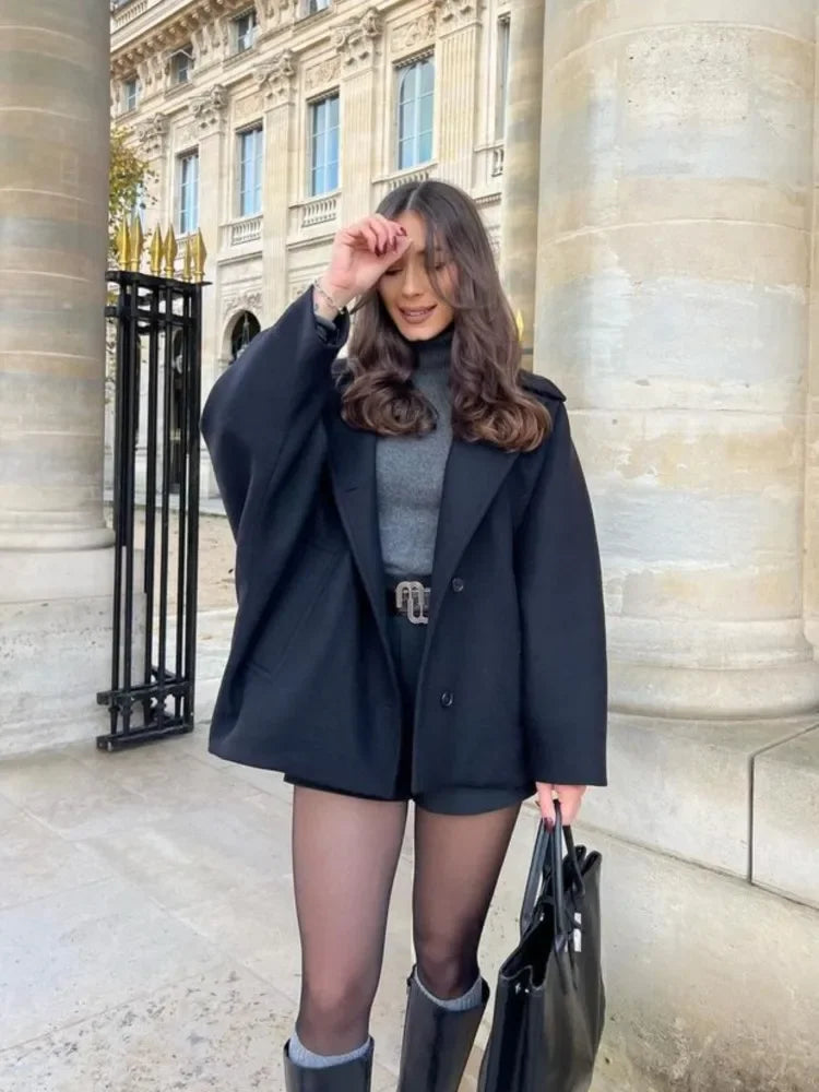 LIZAKOSHT  -  Bat-Sleeve Woolen Coat Black Lapel Single Breasted Casual Loose Thicken Wool Short Overcoat French Winter Women's Outwear Top