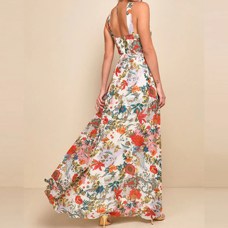 ﻿LIZAKOSHT  -  Women Floral Print A-line Beach Dress Elegant High Waist Full Length Swing Maxi Dress All Match Off Shoulder Party Dress Spring