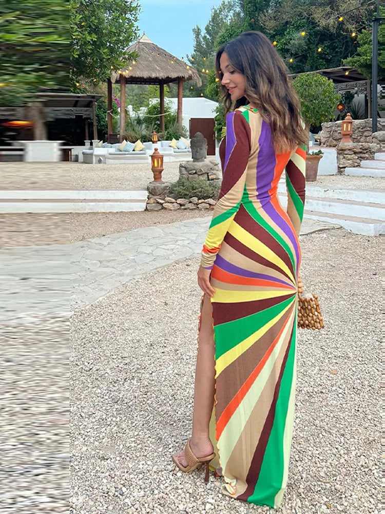 LIZAKOSHT  -  Women's Dresses Rainbow Outerwear Print Bodycon Maxi Dress Long Sleeve Summer Trendy High Slit Casual Evening Gown Woman Clothes