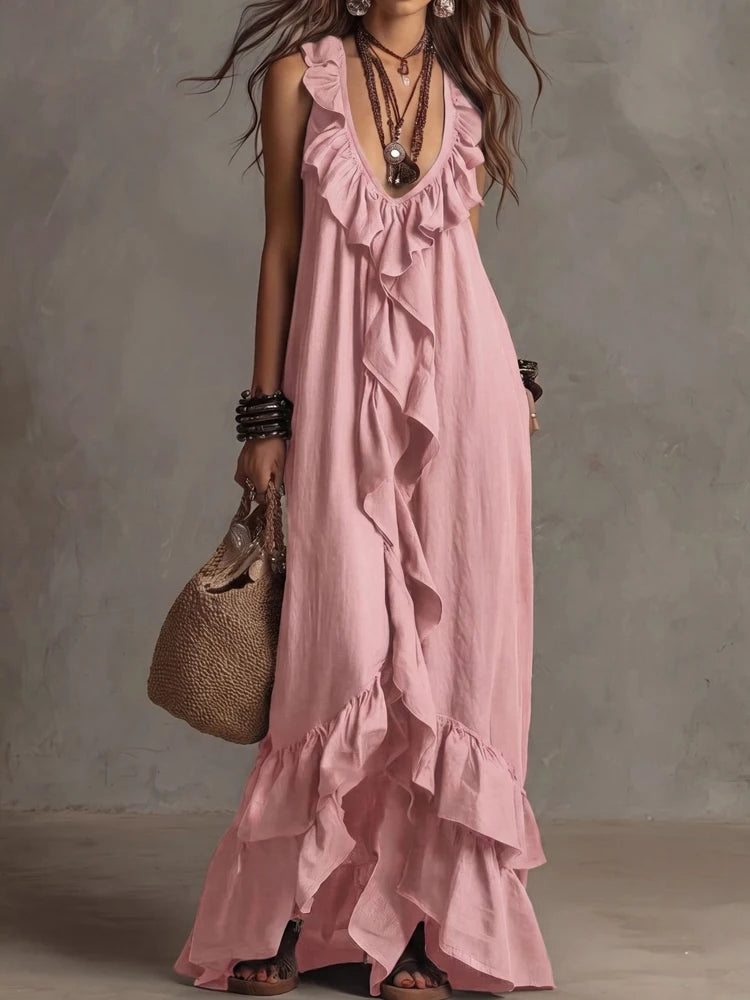 LIZAKOSHT  -  Lady Fashion Ruffle Trim Vacation Long Dress Bohemian Style Loose Summer Dress  Elegant Deep V Neck Sleeveless Solid Party Dress