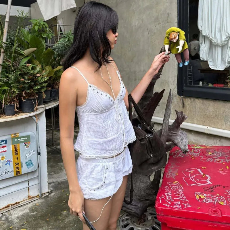LIZAKOSHT  -  Women White Lace Up Rivet Decorated Single Vest Mini Shorts Gentle Sweetheart Set Suitable For Beach Vacation Pastoral Scenery
