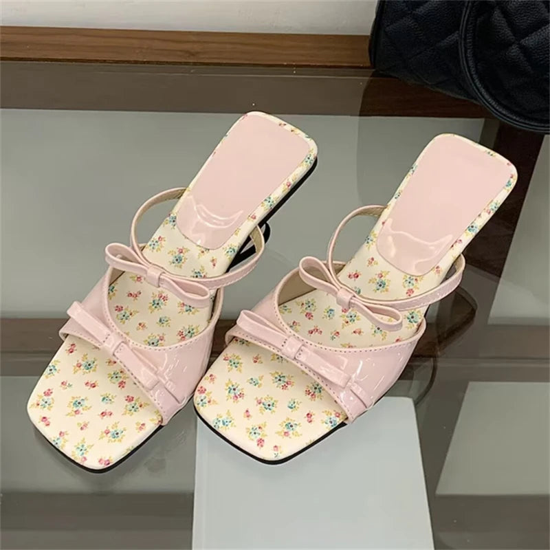 LIZAKOSHT  -  Fashion Patent Square Toe Women Slippers Street Style Bowknot Totem High Heels Wedding Banquet Shoes