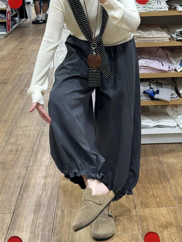 LIZAKOSHT  -  Casual Sweet Bloomers Pants Women High Waist Loose Vintage Ruffle Wide Leg Trouser All Match Lace Up Solid Harajuku Harem Pants