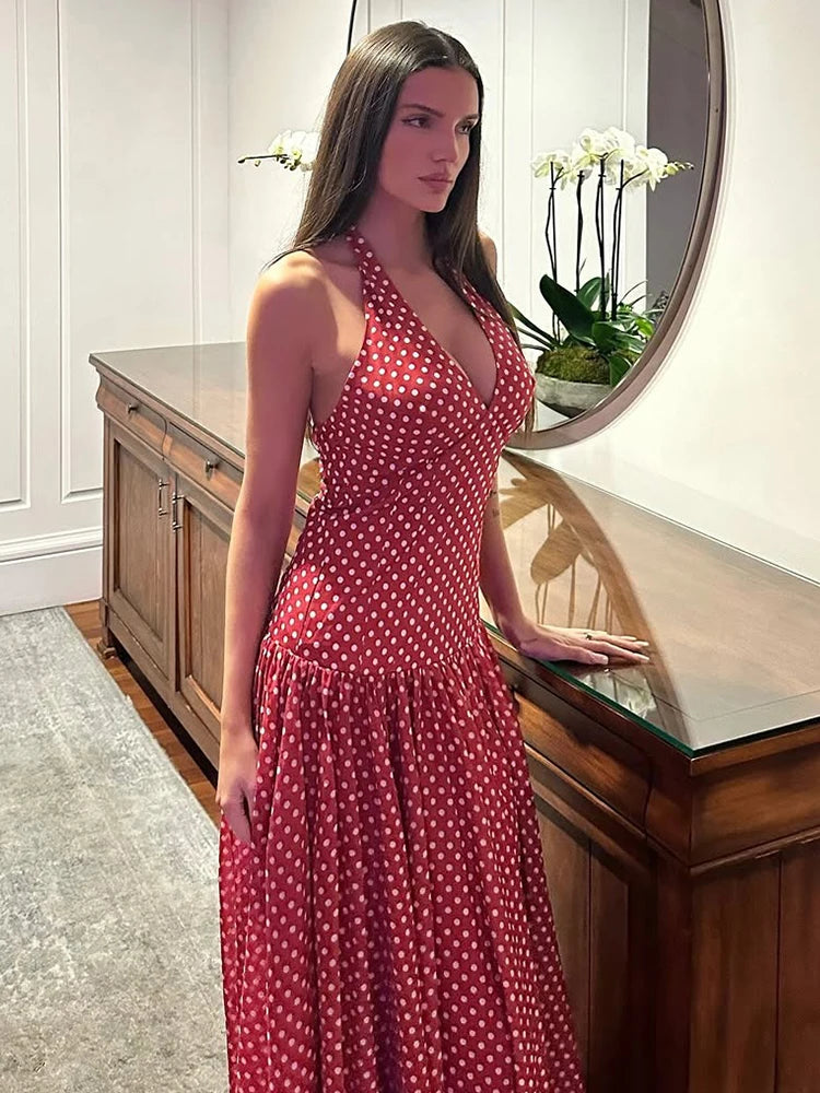 LIZAKOSHT  -  Modern Hipster Women Maxi Dress Elegant Point Print Halter V-neck Backless Bodycon Female High Street Festival Vestidos