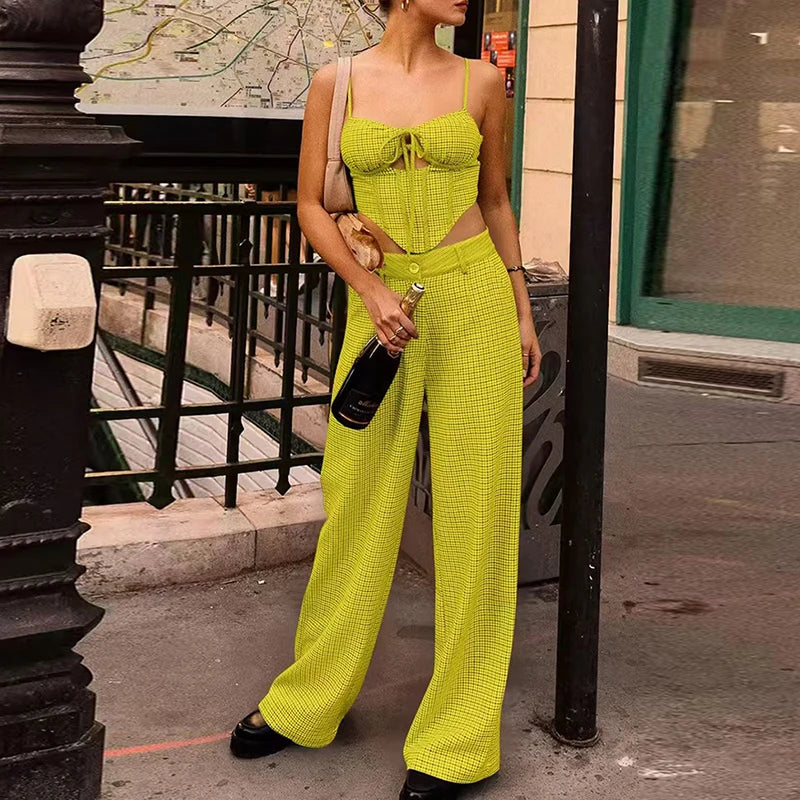 LIZAKOSHT  -  Tracksuit Women Suspender Square Collar Blouse &Button Pants Suit High Street Houndstooth 2-Piece Temperament Suit Lady