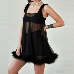 LIZAKOSHT  -  Sexy U Neck Mesh See-through Mini Dress Elegant Solid Sleeveless Hollow Out Lace Short Dress Hot Girl Black Cocktail Party Dress