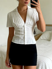 LIZAKOSHT  -  Women Summer Tops Fashion Style V-Neck Button Down Short Sleeve Shirts Casual Chic Blouses New