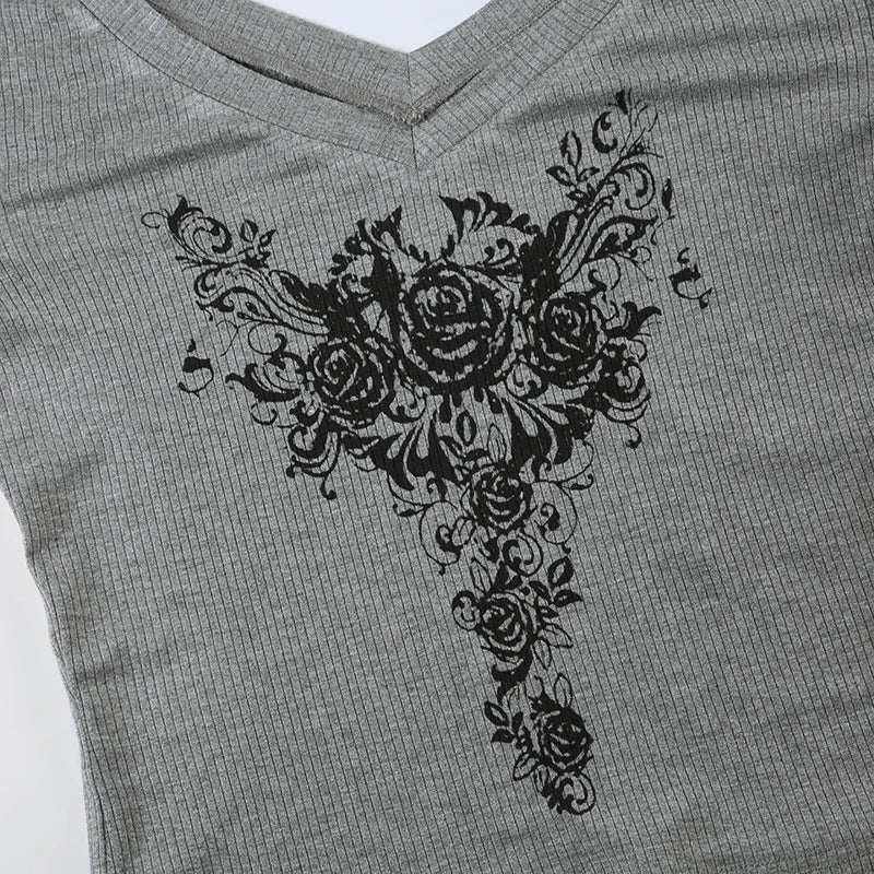 LIZAKOSHT  -  Gothic Graphic Prints Knit T-shirts Aesthetic Gray V- Neck Long Sleeve Tees Vintage Top Y2k Women's Clothes Autumn 2024