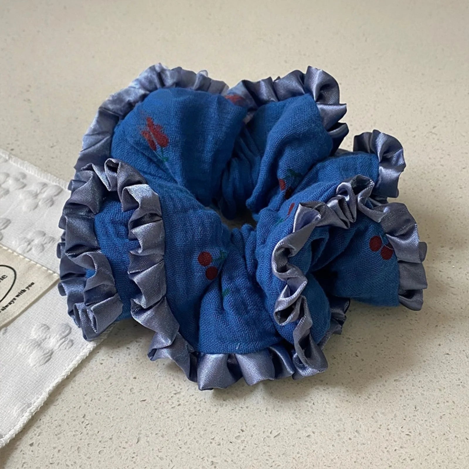 LIZAKOSHT  -  1PC Navy Blue Baby Cotton Gauze Fabric Small Cherry Hair Scrunchie - Ruffled Hair Accessory & Hair Tie for Ponytails