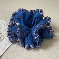 LIZAKOSHT  -  1PC Navy Blue Baby Cotton Gauze Fabric Small Cherry Hair Scrunchie - Ruffled Hair Accessory & Hair Tie for Ponytails