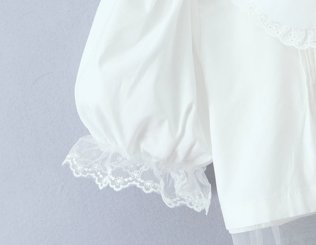 LIZAKOSHT  -  Stylish White Spliced Lace Short Puff Sleeve Shirt Women Peter Pan Collar Bow Hem Loose Crop Tops