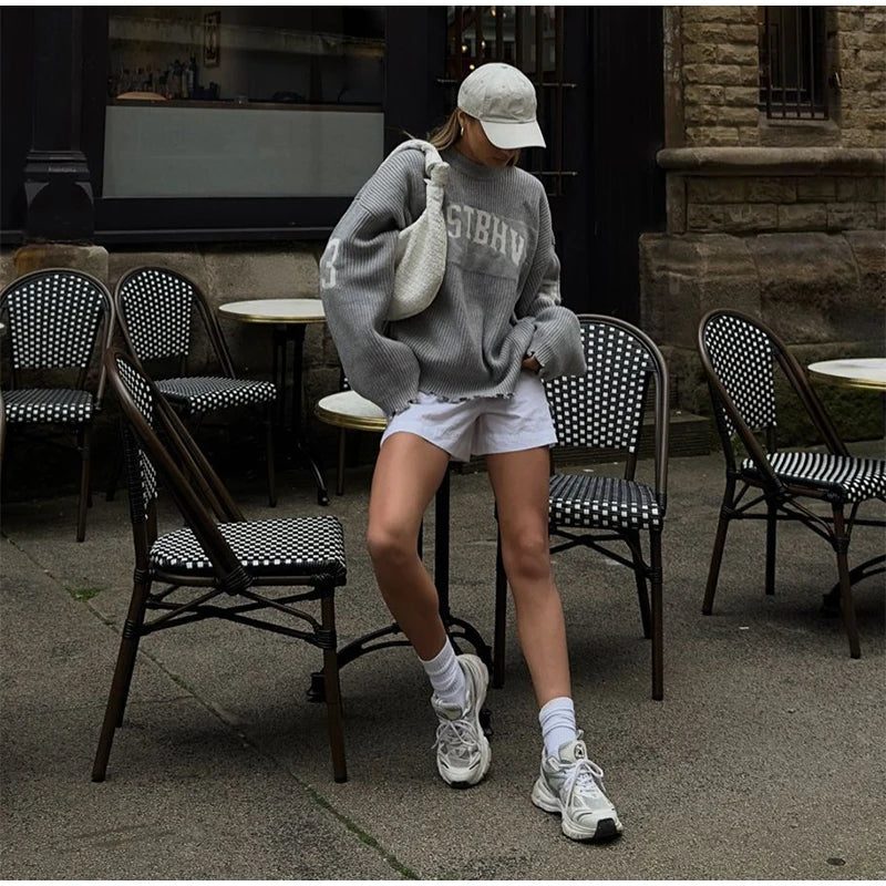 LIZAKOSHT  -  Fashion Letter Printing Knit Sweater For Women Casual O-neck Distressed Hem Oversized Pullover Lady Autumn Streetwear Tops