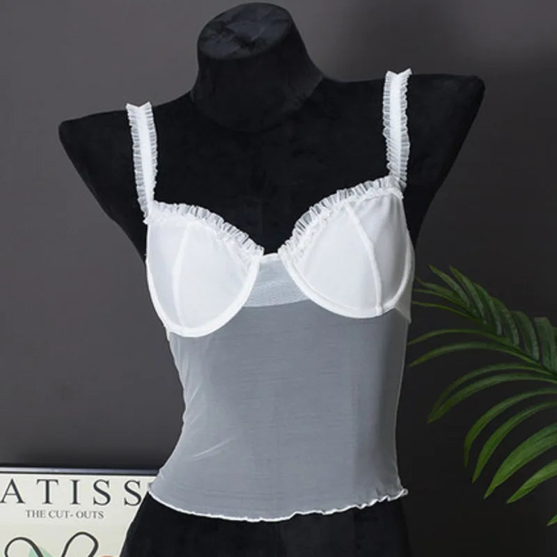 LIZAKOSHT  -  Women Leopard Print Lace Bow Edge Sexy Transparent Camisole Vest Retro Street Fashion Casual Top Daily Commuting Summer Vacation