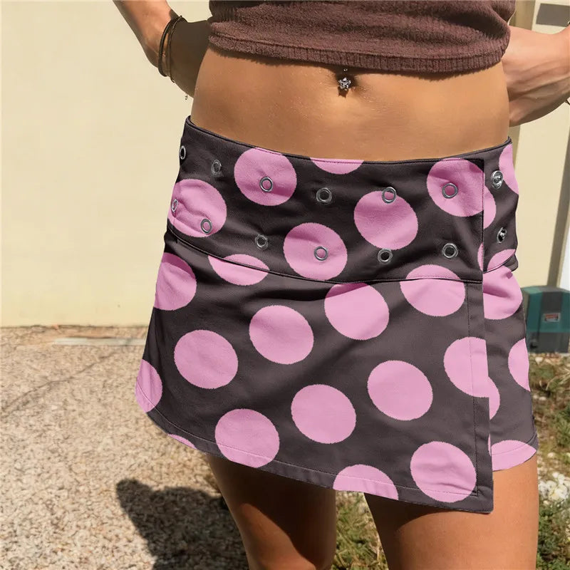 LIZAKOSHT  -  2000s Preppy Sweet Girl Button Closure A Line Short Skirt Y2K Double-Sided Polka Dot Mini Skirt for Women Summer Vacation Party