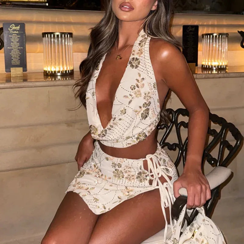 LIZAKOSHT  -  Women Club Party Outfits Coquette Backless Crop Tops + Tie Up Pencil Skirt Sequin Beading 2 Piece Set Sexy Low Cut Halter Camis
