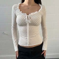 LIZAKOSHT  -  Women Y2K Lace Patchwork Polka Dot Long Sleeve Tee Hollow Out Tie Front Ruffled Slim Top Casual Streetwear Fashion Tee