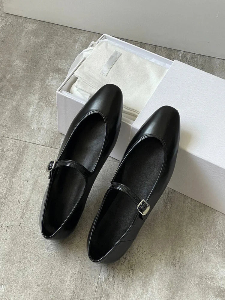 LIZAKOSHT  -  Shallow Mouth Mary Jane Shoes Women's Flat Shoes Ladies French Retro Single Shoes Buckle Leather Loafers Women