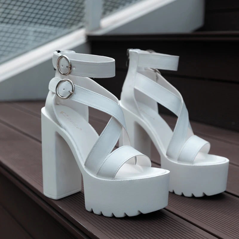 LIZAKOSHT  -  Summer New Women's Sandals Sexy Waterproof Platform Cross Strap Buckle Chunky Heel High Heel Sandals Nightclub Shoes