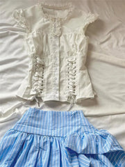LIZAKOSHT  -  Casual Sweet White Slim Lace T-Shirts Designer Patchwork Hot Girl O-neck Sleeveless Tees Women Vintage Kawaii Fashion Shirt
