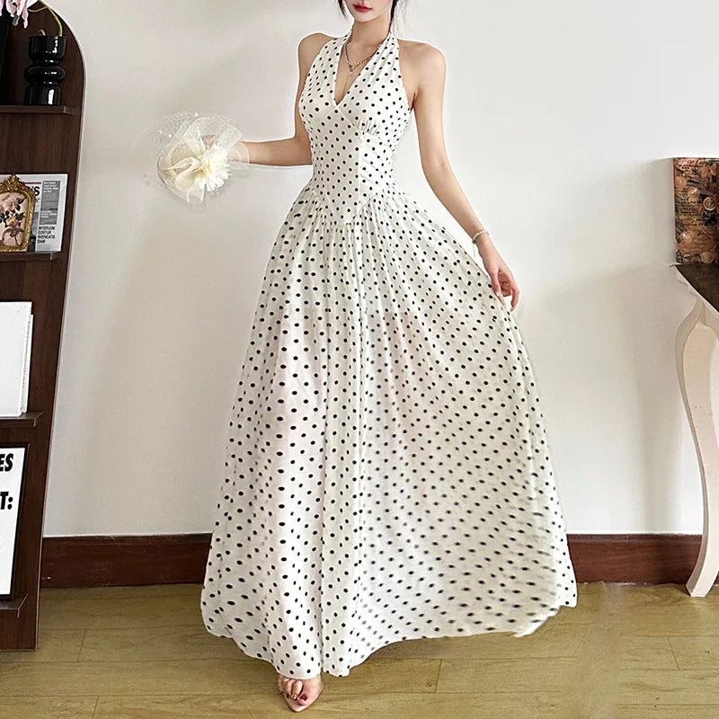 LIZAKOSHT  -  Spring Summer New Women's Wear Polka Point Hanging Neck Dress Women's High end V-neck Waist