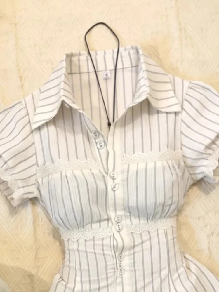 LIZAKOSHT  -  Harajuku Fashion Lace Trim Design Shirt Korean Style Sweet Color-Block Striped Short Sleeve Shirt Women Waist-Slimming Tops