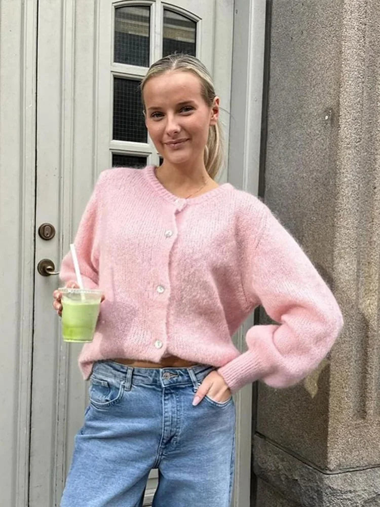 LIZAKOSHT  -  Round Neck Sweater Cardigan Minimalism Cute Soft Waxy Knitted Short Coat Jacket Women Casual Loose Slimming Single Breasted Top