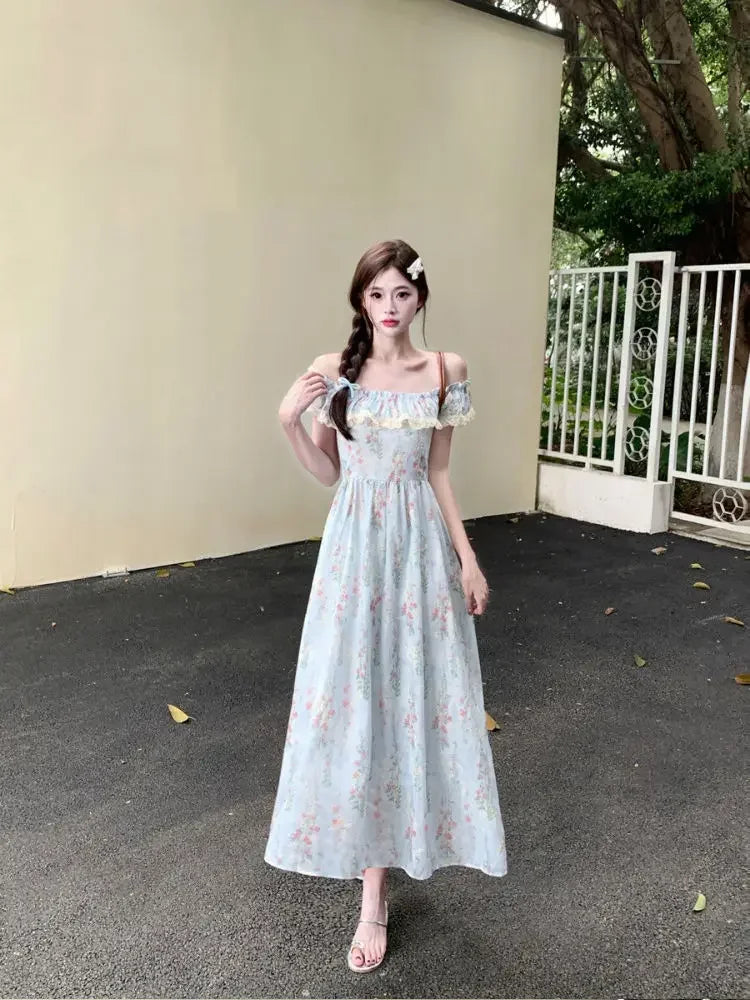 LIZAKOSHT  -  Beautiful Lace Square Neck Small Flying Sleeve Floral Dress with Temperament Waist-hugging and Slimming A-line Long Skirt