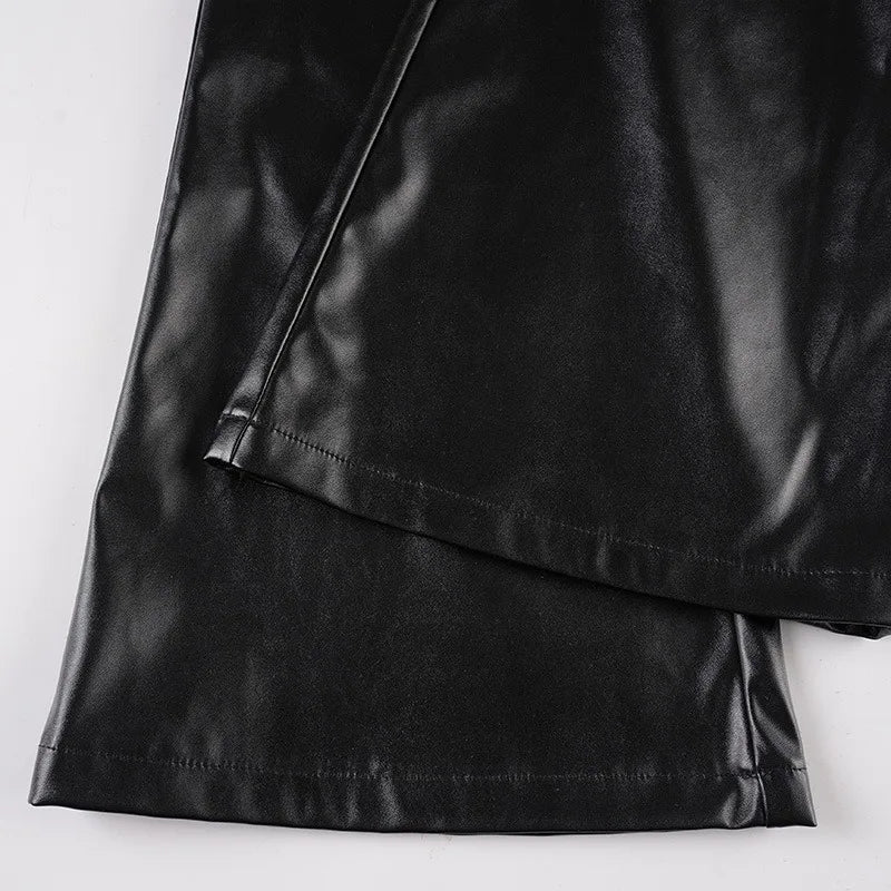 LIZAKOSHT  -  Women Fashion Black PU Leather Slim Flare Pants Zippers High Waist Peach Hips Stretch Boot Cut Skinny Trousers Casual Streetwear