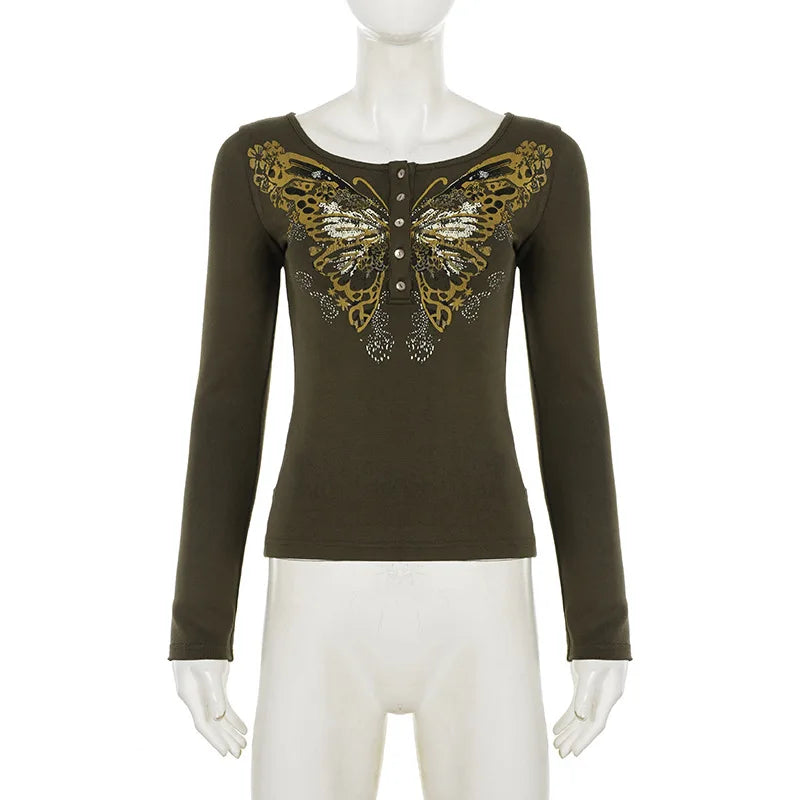 LIZAKOSHT  -  Y2k Aesthetic Vintage Butterfly Printing T-shirt Women Streetwear Grunge Slim Fit Tshirts Autumn Streetwear Button Casual Tees