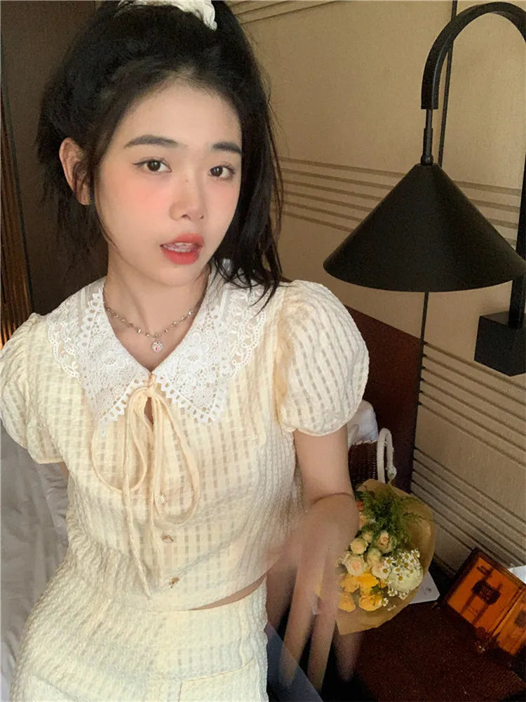 LIZAKOSHT  -  Summer Yellow Fashion 2 Piece Sets Cute Girl Short Puff Sleeve Lace Doll Collar Shirt Top&Mini Skirt 2pc Dress Suits