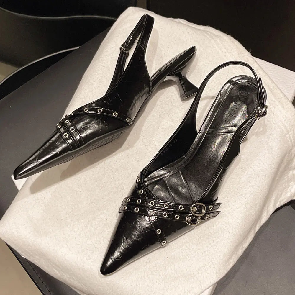 LIZAKOSHT  -  Size 42 Vintage y2k Flowers Black Pointy Toe Slingback Pumps Cross-strap Summer 5cm Kitten Heels White Lady Shoes Women