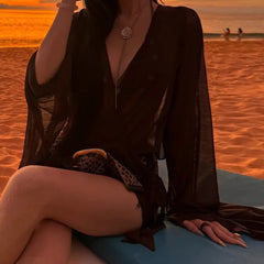 LIZAKOSHT -  Hollow Out Bikini Sexy Long Sleeved Mesh Outer Cover Swimsuit Women Summer Comfortable Beach Vacation Fashionable Retro Trend