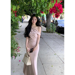LIZAKOSHT  -  French Temperament Satin Dress New Summer Oblique Shoulder Sling Collar Fishtail Skirt for Women