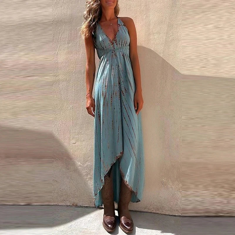 LIZAKOSHT  -  Women's Sexy Backless Hollow Out Irregular Dress Fashion Lace-Up Swing Long Dresses Elegant Hanging Neck Sleeveless Party Dress