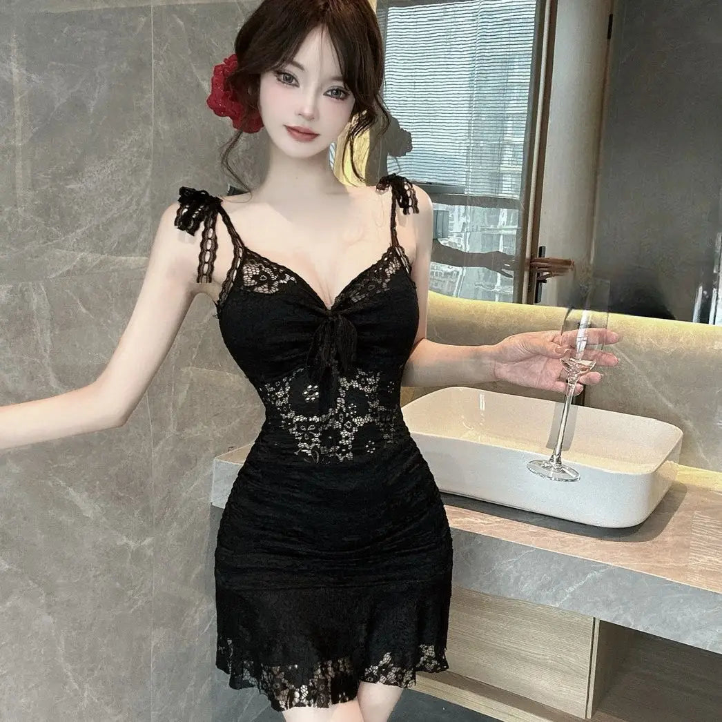 LIZAKOSHT  -  Pure Sexy Lace Suspender Dress for Women with High-end Temperament Tight Waisted Ruffle Edges and Buttocks