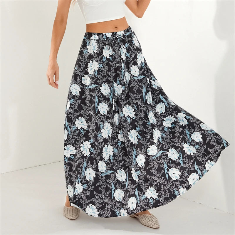LIZAKOSHT  -  Women Summer Floral Print Swing Long Skirts Casual Elastic Waist Drawstring Flared A-Line Skirt