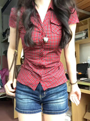LIZAKOSHT  -  American Style Red Plaid  Neck Short Sleeve Slim Fit Shirt for Women Summer Design Waist Cinched Slimming Top