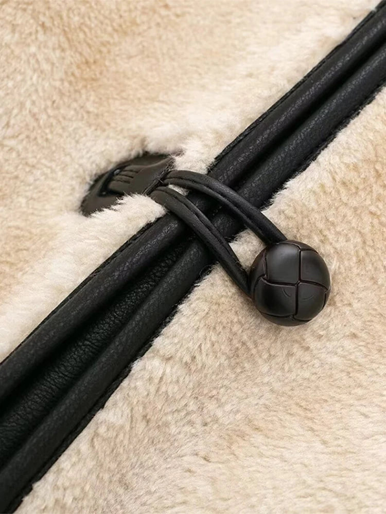 LIZAKOSHT  -  Mid Length Leather Fur One-Piece Jacket Coat Knot Buckle Lamb Faux Fur Overcoat Round Neck Women Classic Two Wear Outwear Top