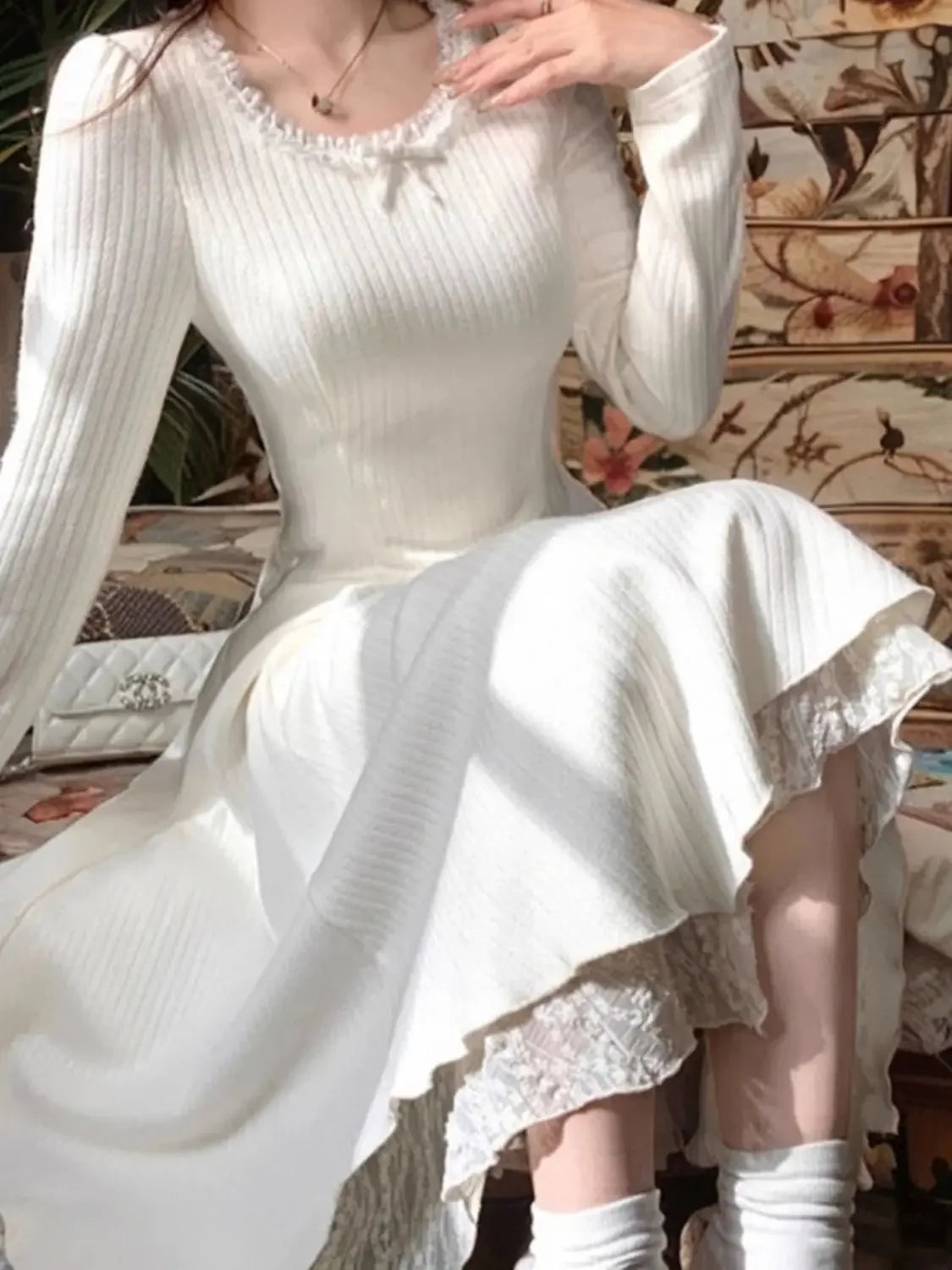 LIZAKOSHT  -  Long -sleeved Knitted Dress Female New Inner White Skirt