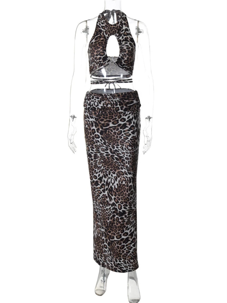 LIZAKOSHT  -  Summer Leopard Print 2 Two Piece Sets Beach Outfits Women 2024 Sexy Halter Bandage Backless Crop Top And Long Skirt Sets